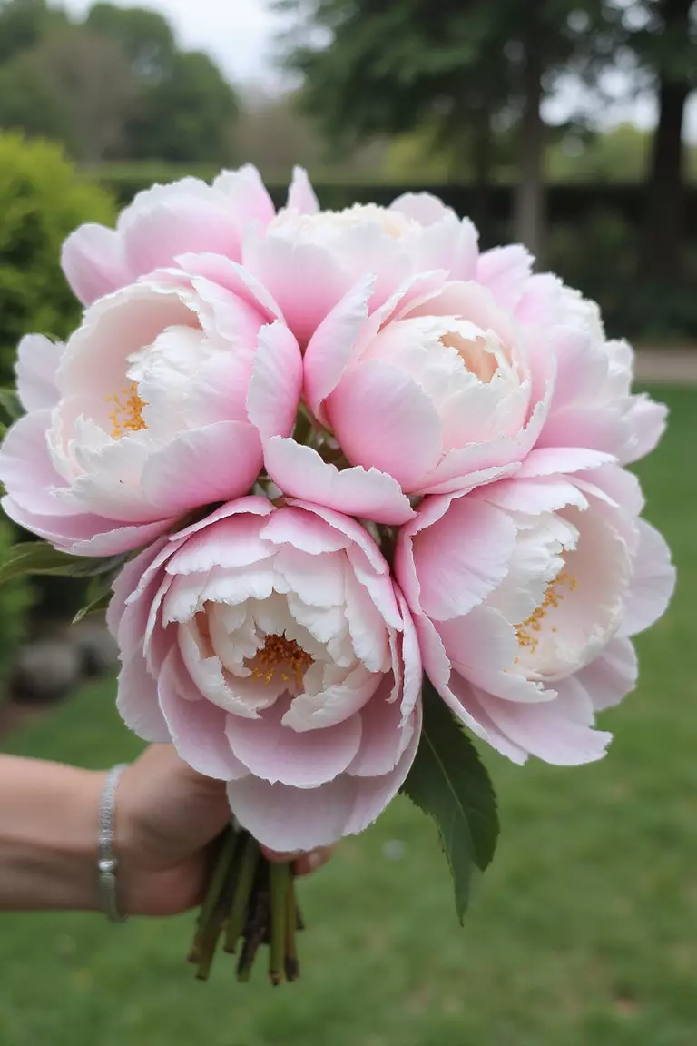 Peonies A professional photo, similar to a photo in a wedding magazine, of large, fluffy pink and white peonies forming a dreamy bridal bouquet against a soft-focus garden background.
