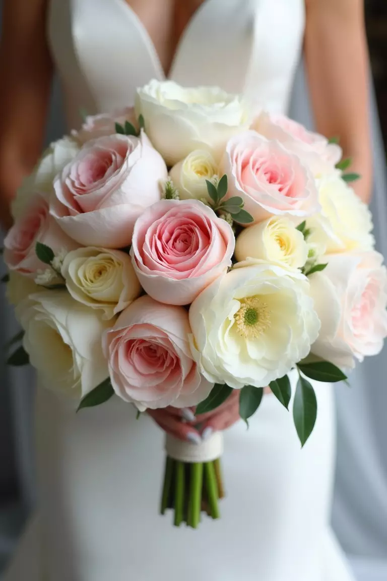 Soft Pink And Creamy Ivory A professional photo, similar to a photo in a wedding magazine, of delicate soft pink roses mixed with creamy ivory peonies in a bridal bouquet. A hint of lace ribbon wraps the stems.