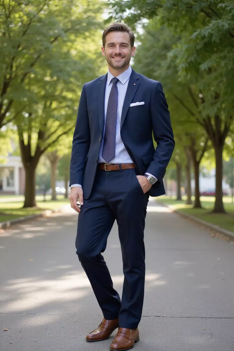 Cotton Twill Suit A professional photo, similar to a photo in a wedding magazine, of a man wearing a navy cotton twill suit with striped shirt, solid tie, and brown loafers under shade trees