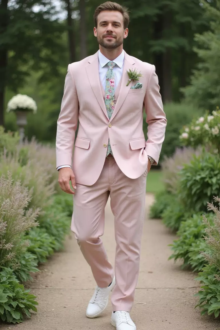 Pastel Suit A professional photo, similar to a photo in a wedding magazine, of a man wearing a pale pink or mint green suit with white shirt, floral tie, and white shoes at a garden wedding