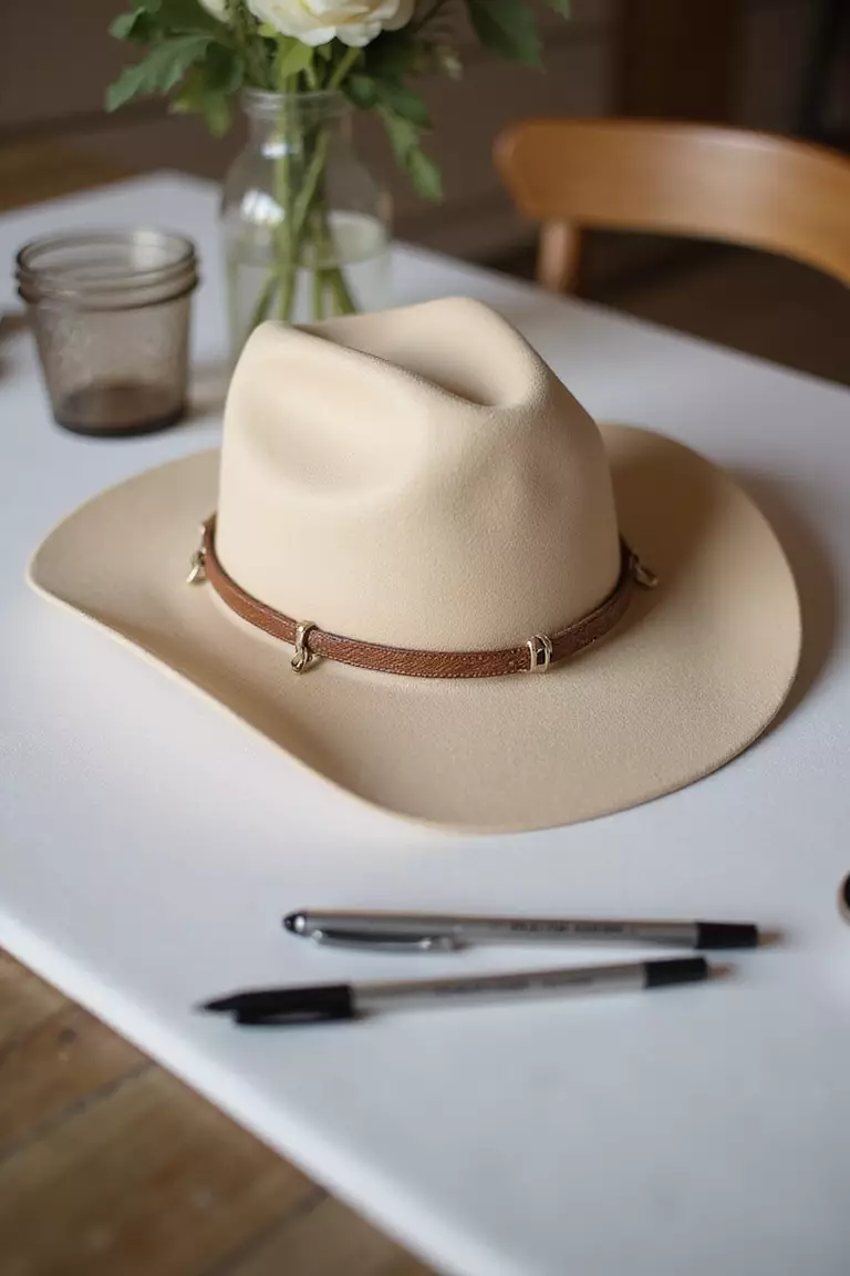 Cowboy Hat Guest Book A professional photo, similar to a photo in a wedding magazine, of a light-colored cowboy hat on a table with pens, serving as a unique wedding guest book.