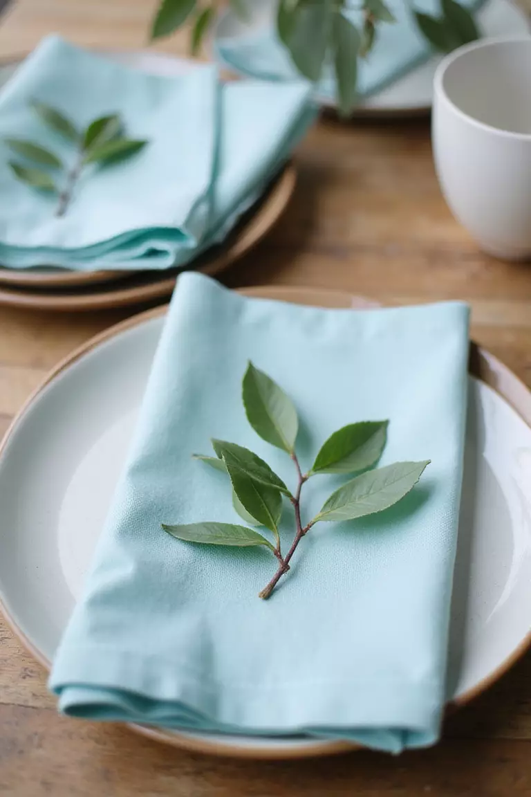 Sky Blue And Leafy Green A professional photo, similar to a photo in a wedding magazine, of sky blue napkins folded neatly beside plates adorned with simple leafy green sprigs. Natural wood table visible.