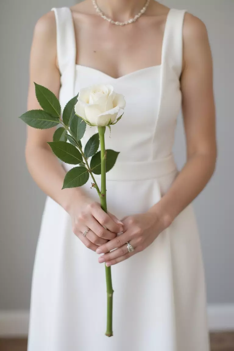 Single Stem Simplicity A professional photo, similar to a photo in a wedding magazine, of a bride holding a single, perfect long-stemmed white rose with minimal greenery. Elegant, simple background. No text.