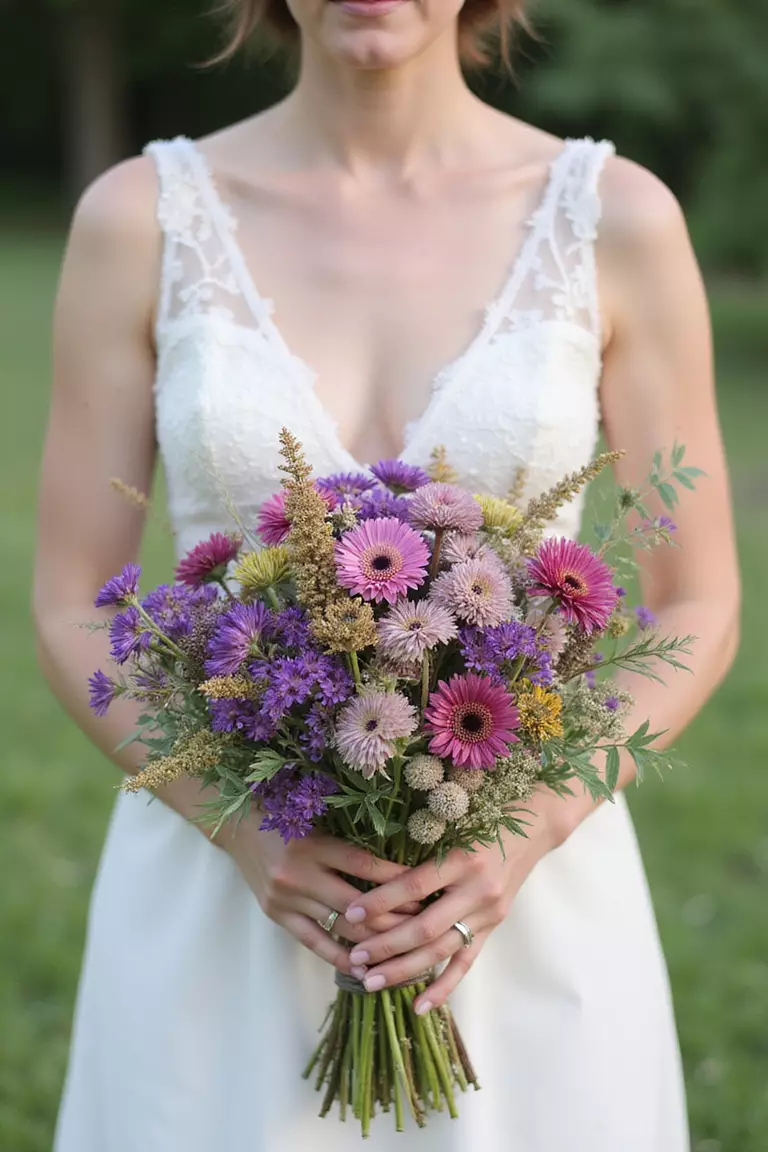 Aster Autumn Mix A professional photo, similar to a photo in a wedding magazine, of a bride holding a bouquet rich with purple and pink asters, goldenrod, and late-season grasses.