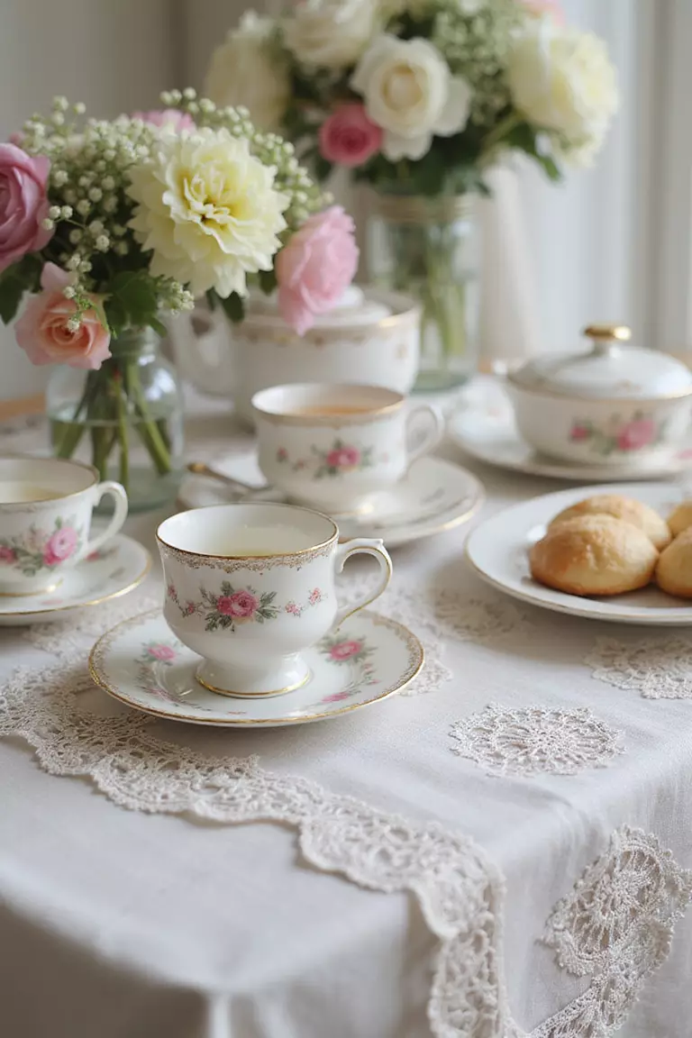 Pick A Pretty Theme A professional photo, similar to a photo in a wedding magazine, of a table decorated with pastel flowers, vintage teacups, lace doilies, and delicate pastries setting a charming tea party scene.