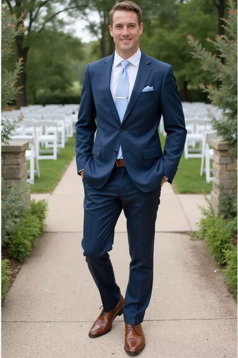 Classic Navy Suit A professional photo, similar to a photo in a wedding magazine, of a man wearing a tailored navy blue suit with a white dress shirt, pale blue tie, and brown leather shoes at an outdoor summer wedding venue