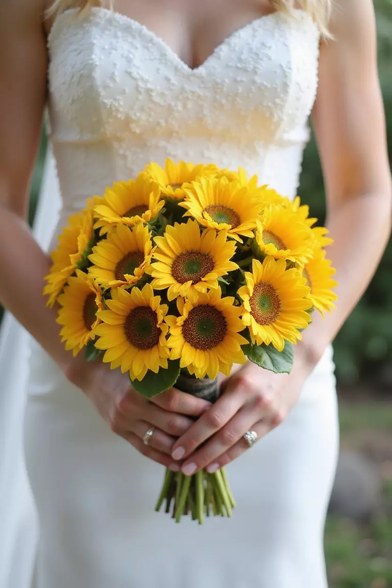 A professional photo, similar to a photo in a wedding magazine, of a bride holding a delicate bouquet composed entirely of smaller, miniature sunflowers, creating a dense, textured look.