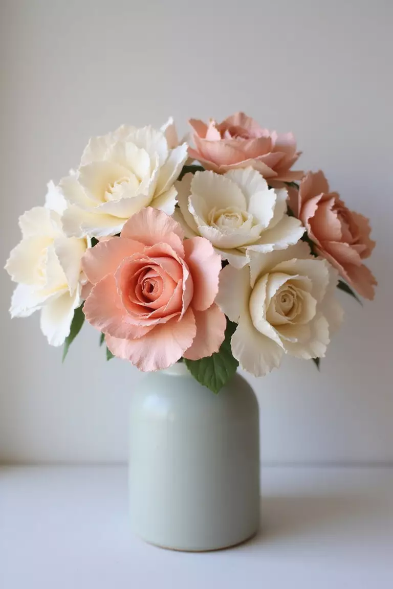 Paper Flower Power A professional photo, similar to a photo in a wedding magazine, of a bouquet of intricate, handmade crepe paper flowers in shades of blush and cream in a ceramic vase.