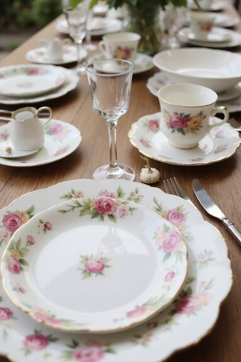 Mismatched China A professional photo, similar to a photo in a wedding magazine, of guest place settings featuring mismatched vintage floral china plates and teacups.