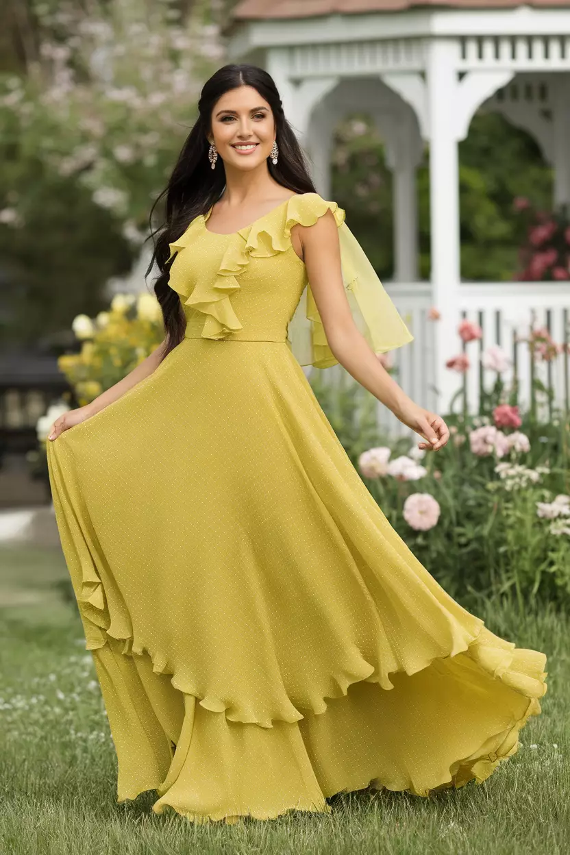 Yellow Chiffon Maxi Dress With Ruffles A beautiful bride wearing a bright yellow chiffon maxi dress adorned with delicate cascading ruffles along the skirt and neckline.