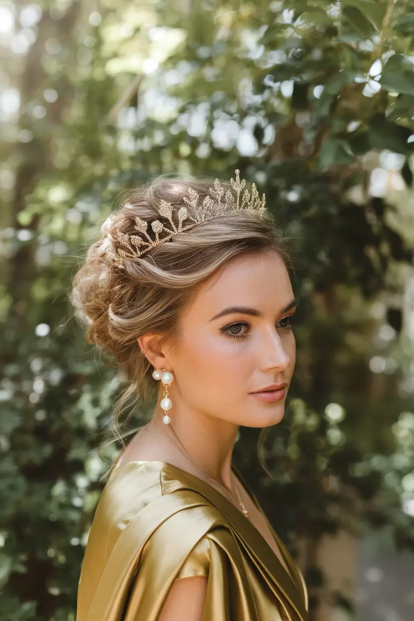 Crown Updo A beautiful woman with a crown updo hairstyle, elegant for a summer wedding guest.