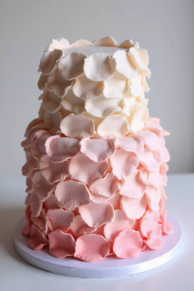 Petal Ruffle Cake A professional photo, similar to a photo in a wedding magazine, of a cake completely covered in delicate, overlapping buttercream petals creating a soft ruffle effect in ombre pink.