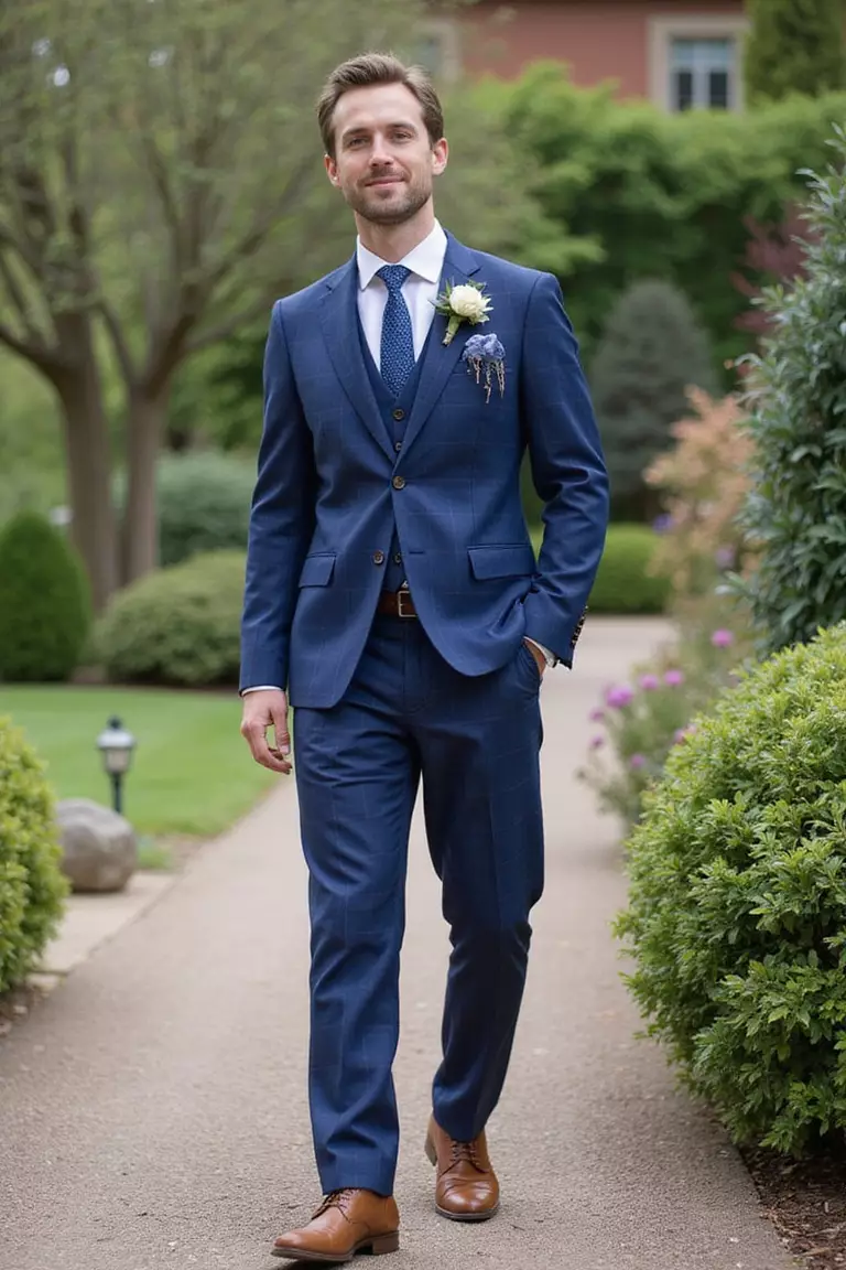 Windowpane Suit A professional photo, similar to a photo in a wedding magazine, of a man wearing a blue windowpane suit with solid shirt, coordinating tie, and brown shoes at a garden reception