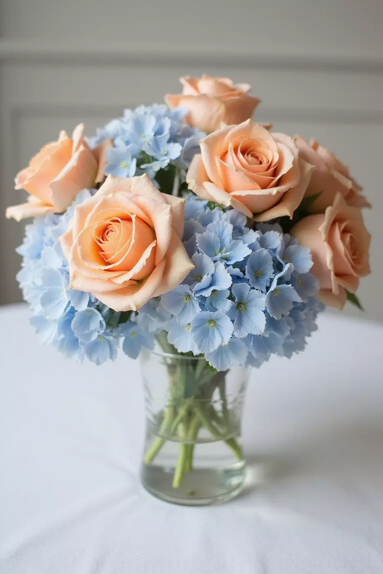 Cantaloupe Orange And Baby Blue A professional photo, similar to a photo in a wedding magazine, of delicate cantaloupe-colored roses paired with baby blue hydrangea in wedding centerpieces. Light and airy setting.