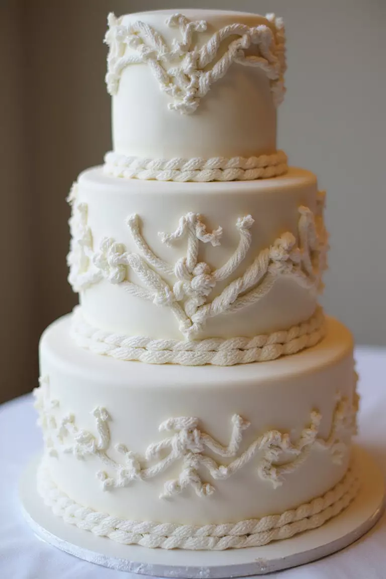 Lasso Rope Details A professional photo, similar to a photo in a wedding magazine, of a wedding cake decorated with intricate patterns made from thin edible rope, resembling a lasso.