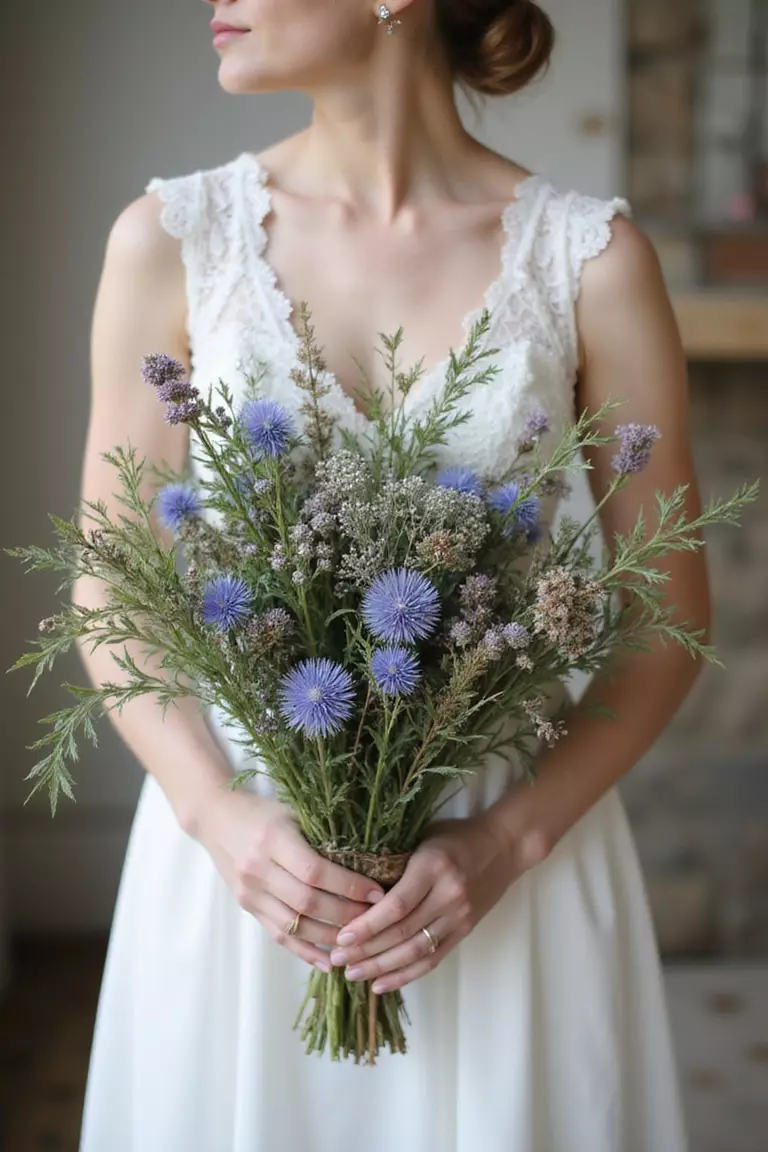 Berries And Thistle Charm A professional photo, similar to a photo in a wedding magazine, of a bride holding a rustic, textural bouquet incorporating sprigs of berries like hypericum or viburnum, alongside structural blue thistle flowers and wildflowers.