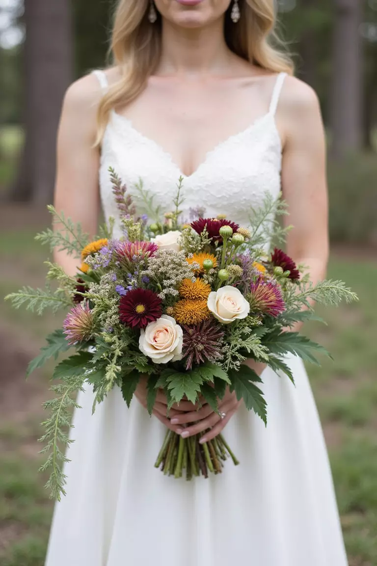 Wildflower Bouquets A professional photo, similar to a photo in a wedding magazine, of a bride holding a loose, natural-looking bouquet filled with various colorful wildflowers and textured greenery.
