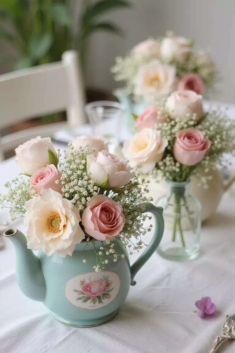 Decorate With Flowers A professional photo, similar to a photo in a wedding magazine, of centerpieces made from fresh pastel roses, peonies, and baby's breath arranged loosely in vintage teapots and small glass vases.