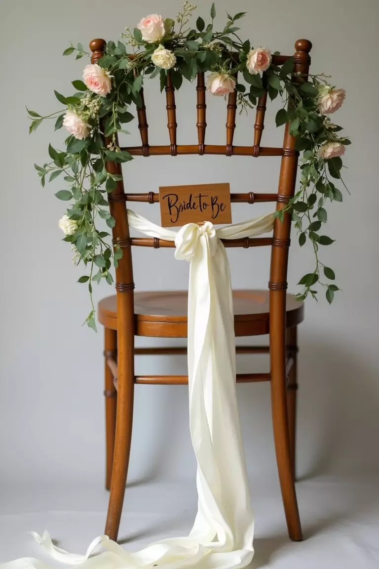 Special Chair Decor For The Bride A professional photo, similar to a photo in a wedding magazine, of a wooden chair decorated with a floral garland, flowing white ribbons, and a small