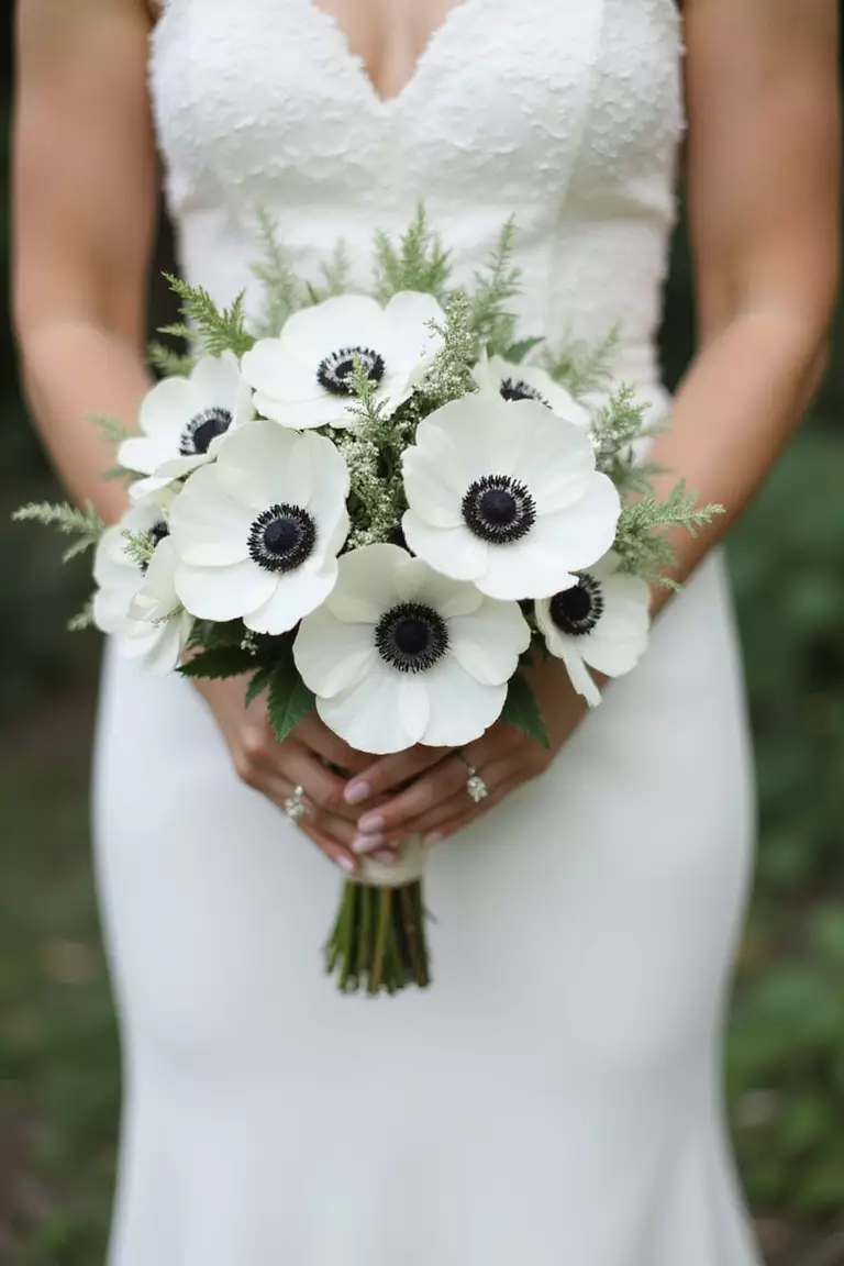 Anemone Edge A professional photo, similar to a photo in a wedding magazine, of a bride holding a striking bouquet centered around white anemones with their distinct black centers, mixed with soft greenery.