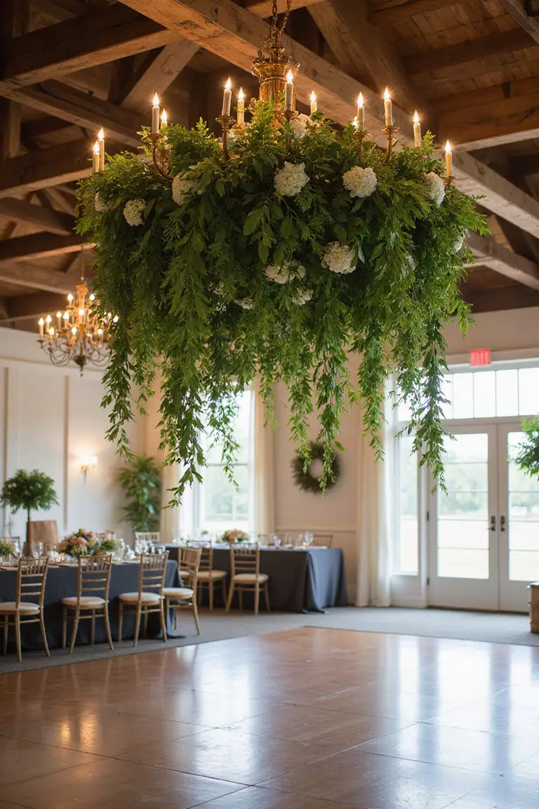 A professional photo, similar to a photo in a wedding magazine, of a lush floral chandelier overflowing with greenery and white blossoms hanging above a reception dance floor.