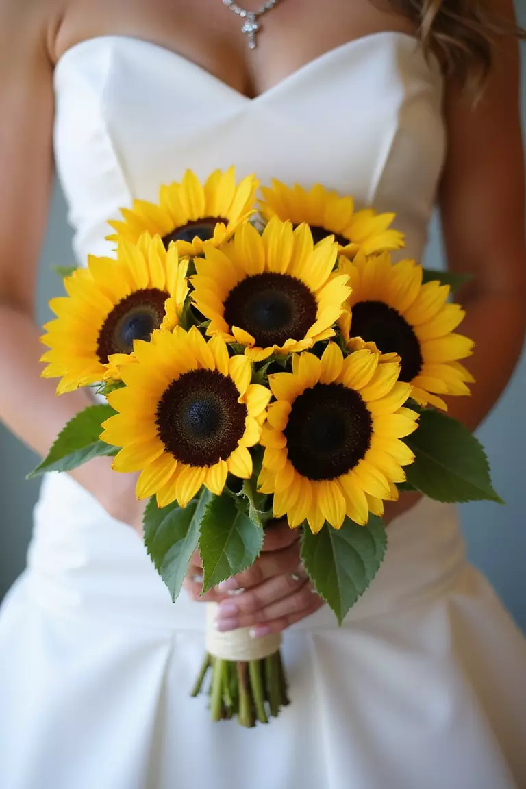 Sunflowers With Dark Centers A professional photo, similar to a photo in a wedding magazine, of a bride holding a striking bouquet focusing on sunflowers with very dark, almost black centers, contrasted against bright yellow petals.