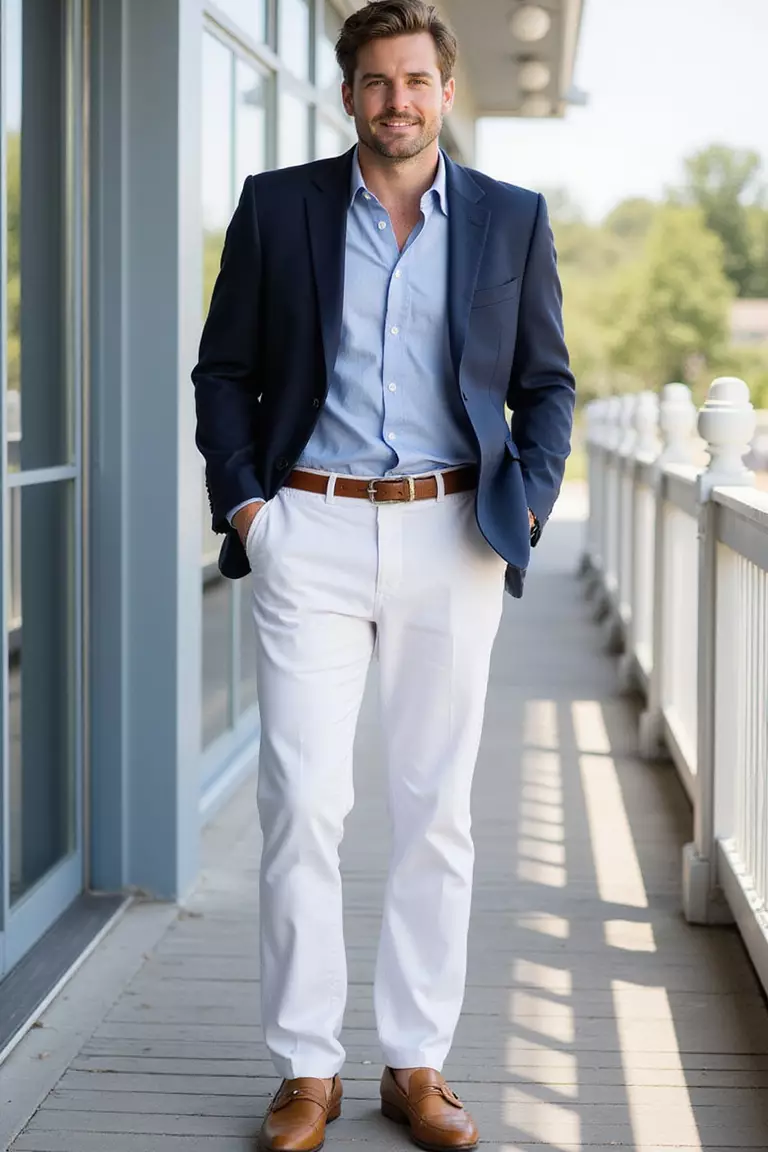 White Pants and Colored Blazer A professional photo, similar to a photo in a wedding magazine, of a man wearing crisp white pants, a navy linen blazer, light blue shirt, and tan loafers at a yacht club wedding.