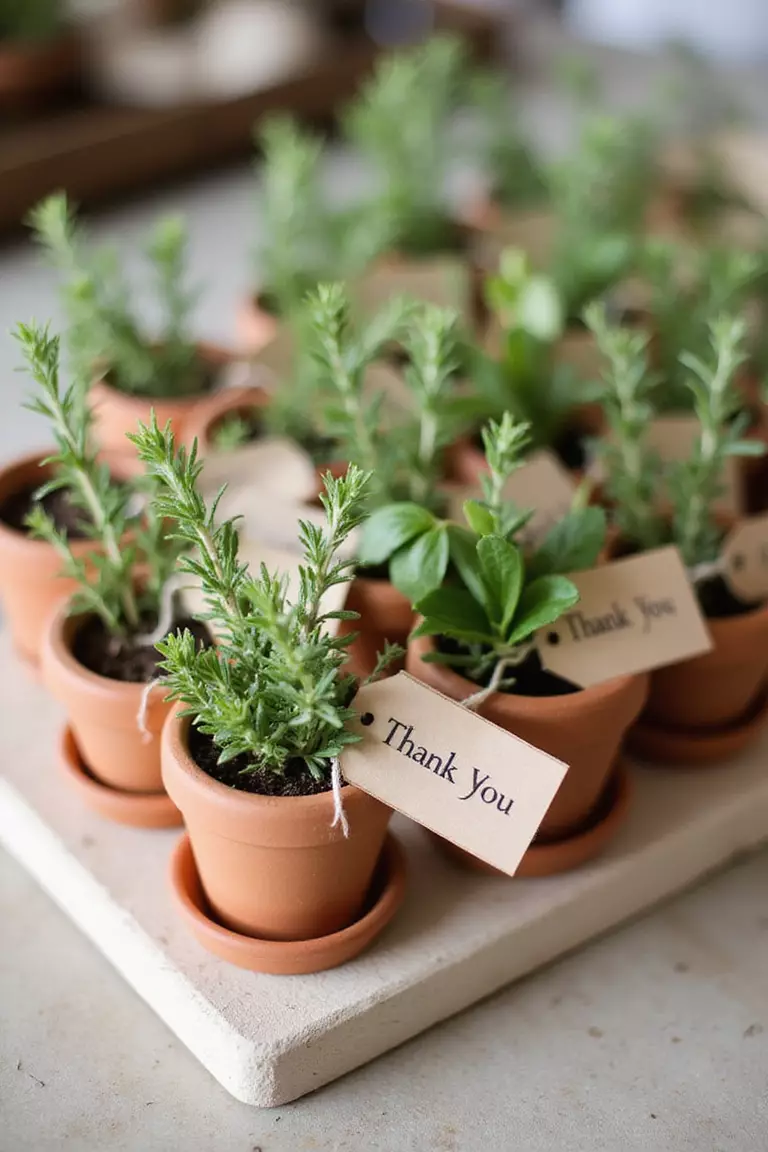 Potted Herb Favors A professional photo, similar to a photo in a wedding magazine, of small terracotta pots containing herbs like rosemary and basil, with "Thank You" tags tied around them, arranged on a table.