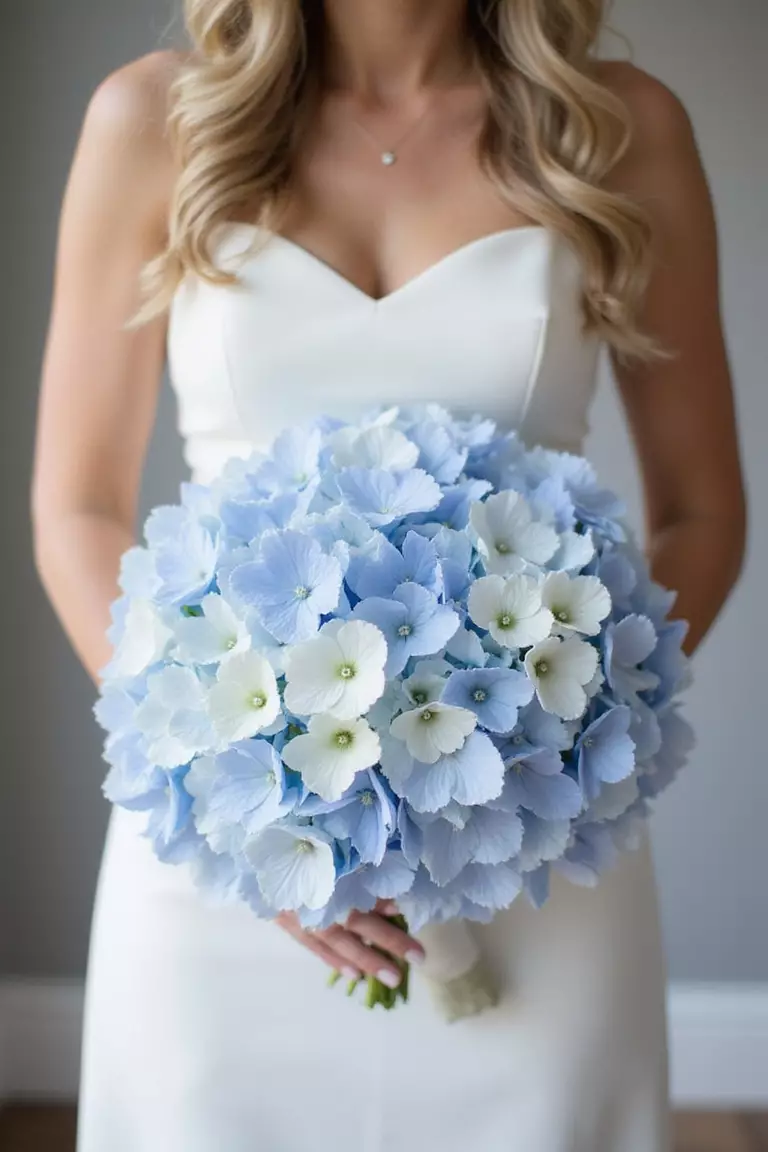 Hydrangea Fullness A professional photo, similar to a photo in a wedding magazine, of a bride holding a large, round bouquet primarily made of fluffy white and light blue hydrangea blooms, looking full and lush.