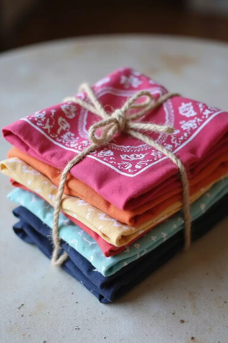 Bandana Party Favors A professional photo, similar to a photo in a wedding magazine, of neatly folded colorful bandanas tied with twine, stacked as wedding favors for guests.