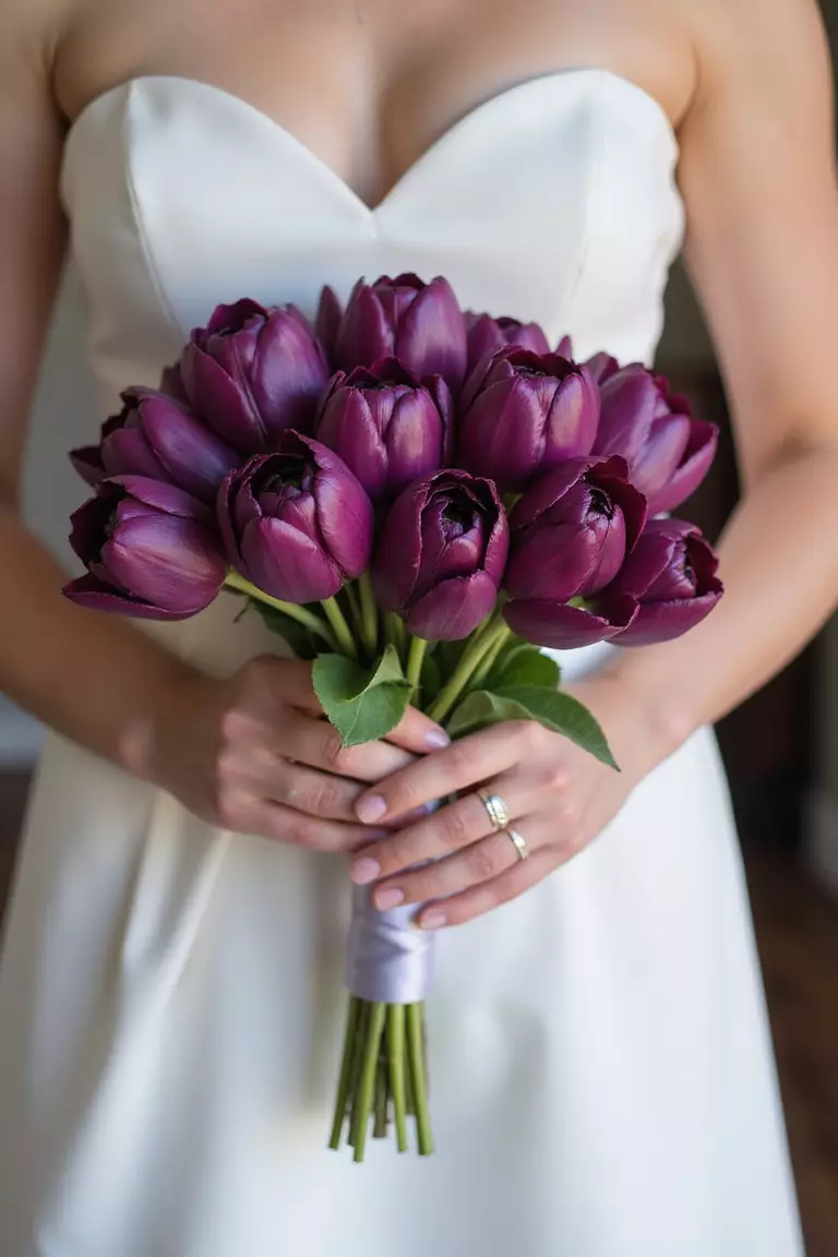 A professional photo, similar to a photo in a wedding magazine, of a bride holding a luxurious bouquet of rich, deep purple tulips, tied with a silver ribbon.
