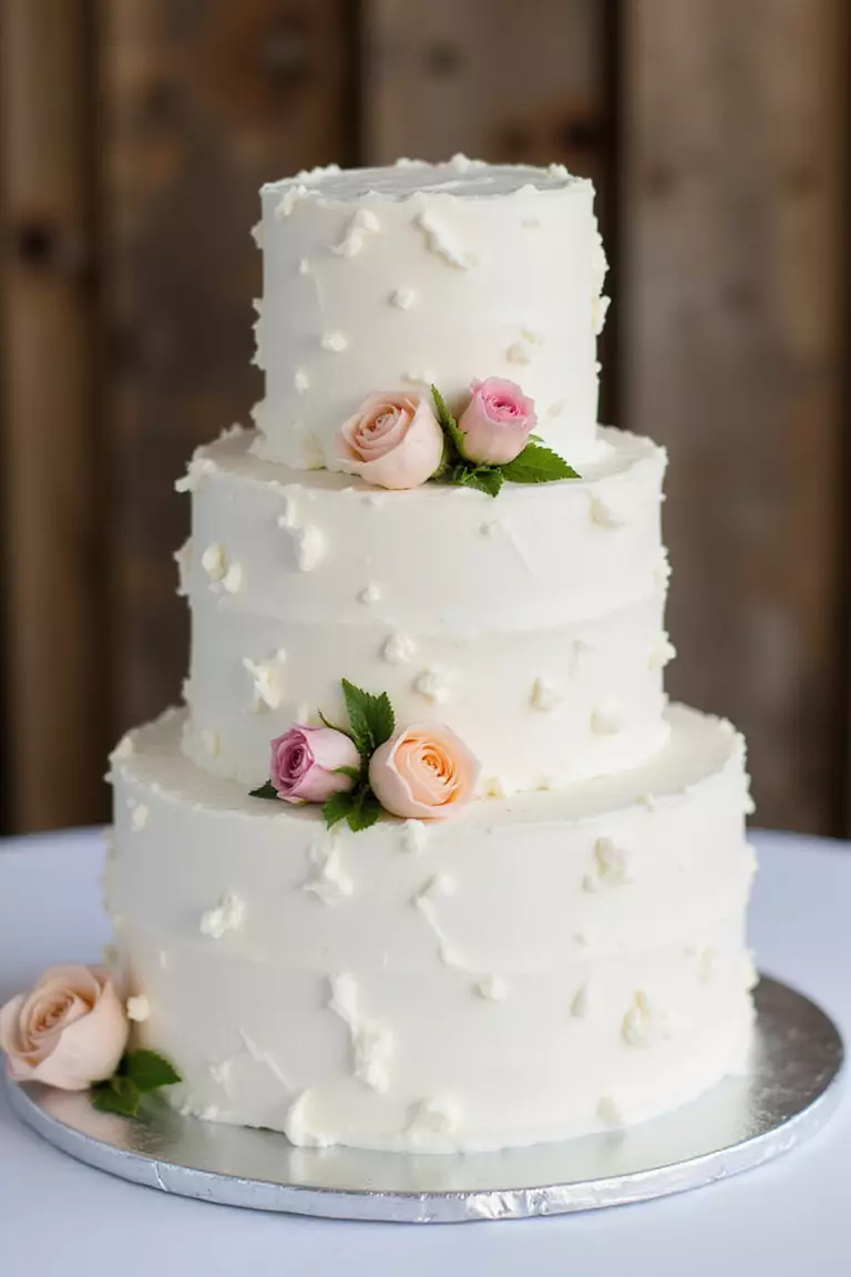 Tiered Cake With Simple Decor A professional photo, similar to a photo in a wedding magazine, of a three-tiered white wedding cake with simple buttercream frosting and fresh flowers adorning each layer.