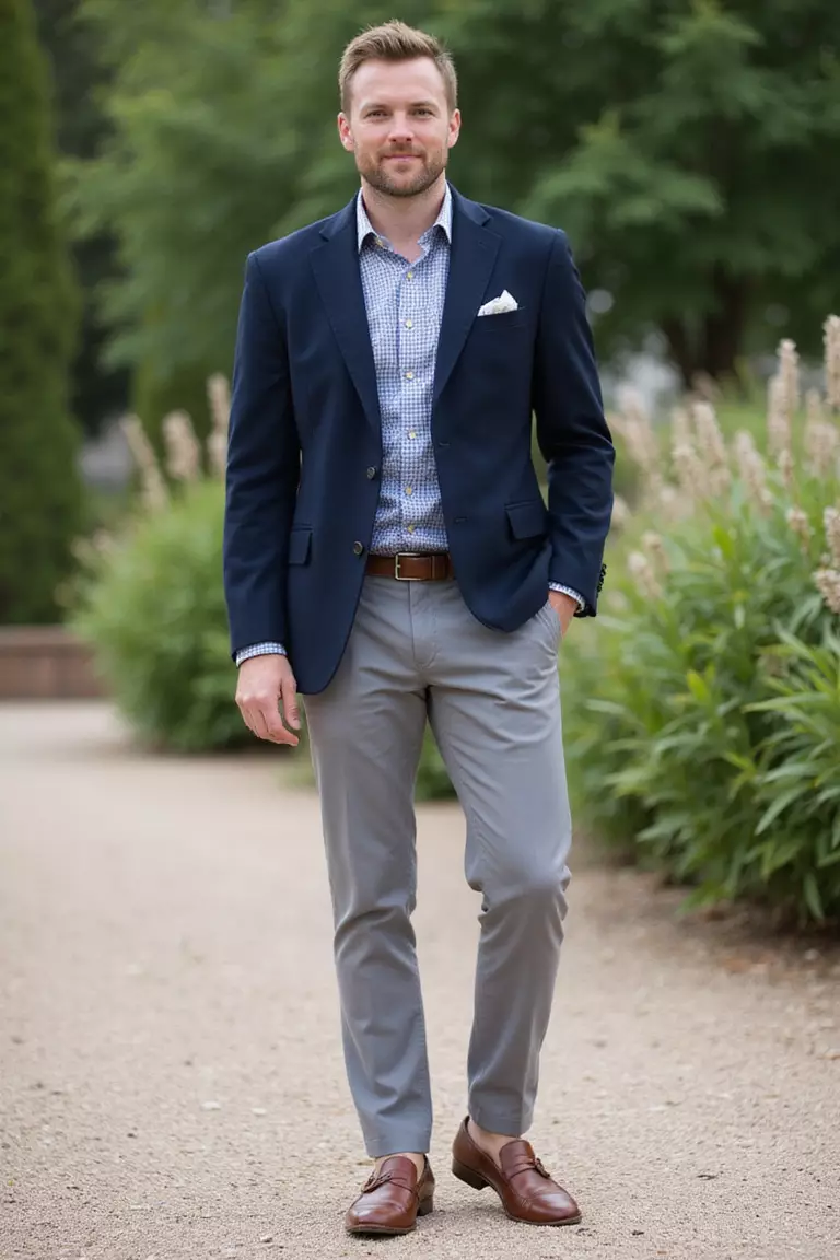 Unstructured Blazer and Trousers A professional photo, similar to a photo in a wedding magazine, of a man wearing an unstructured navy blazer, light gray trousers, patterned shirt, and brown loafers at a semi-formal garden wedding