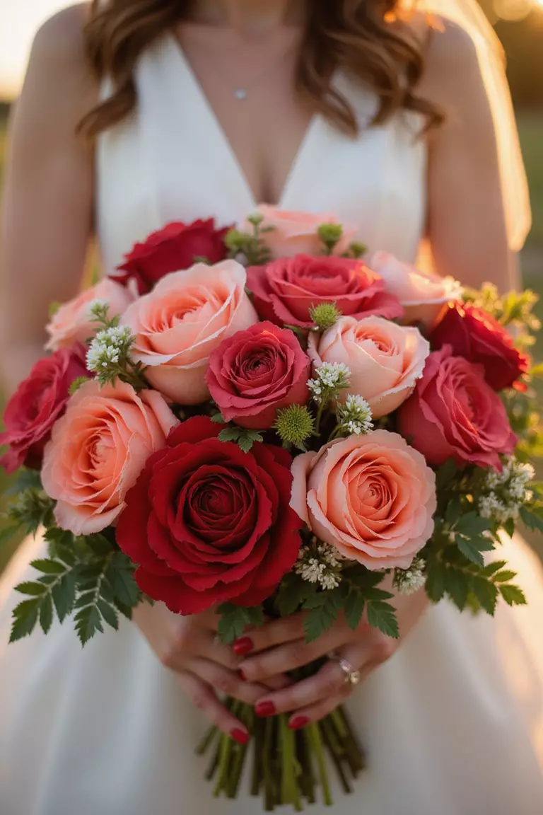 Coral Charm A professional photo, similar to a photo in a wedding magazine, of a bouquet featuring flowers predominantly in shades of coral, like roses, peonies, and ranunculus. Sunset lighting background. No text.