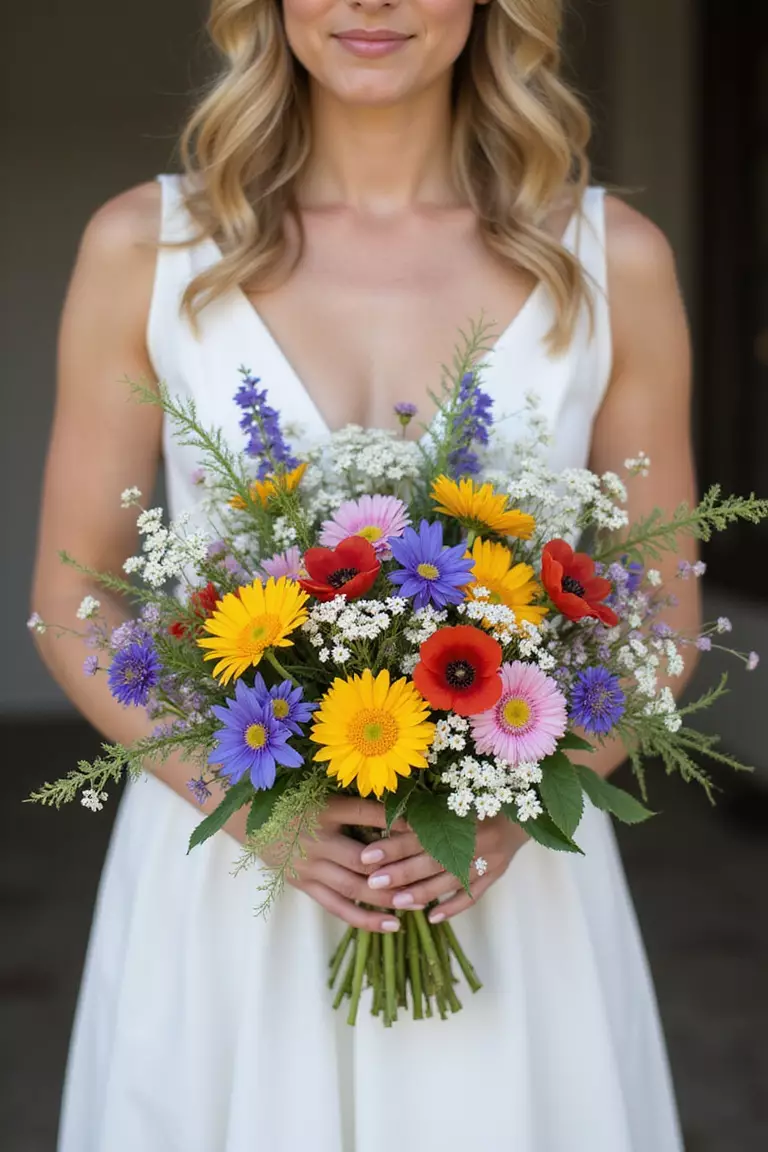 Wildflower Meadow Mix A professional photo, similar to a photo in a wedding magazine, of a bride holding a loosely gathered bouquet bursting with colorful wildflowers like daisies, cornflowers, poppies, and Queen Anne's Lace.