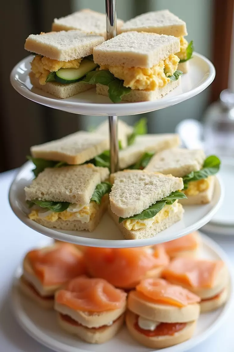 Serve Finger Sandwiches A professional photo, similar to a photo in a wedding magazine, of a three-tiered serving stand displaying crustless finger sandwiches with fillings like cucumber and cream cheese, egg salad, and smoked salmon.