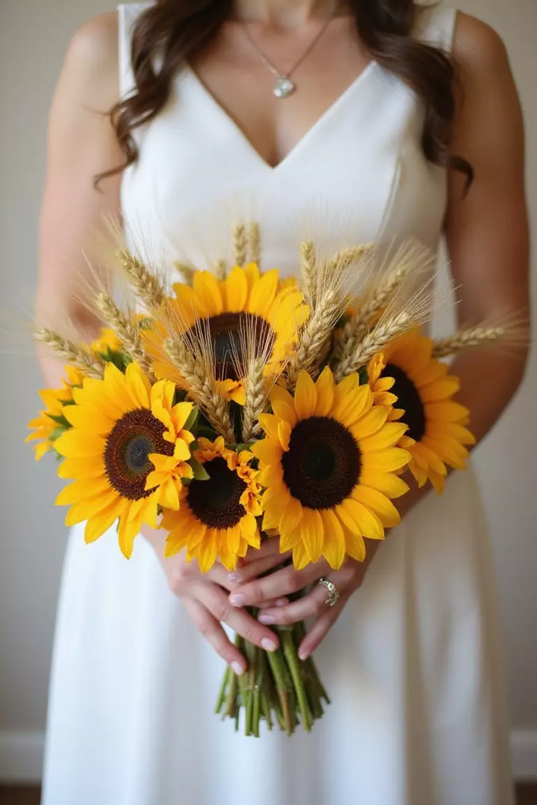 Sunflowers With Wheat A professional photo, similar to a photo in a wedding magazine, of a bride holding a rustic bouquet combining sunflowers with stalks of golden wheat, ideal for a fall or harvest theme.