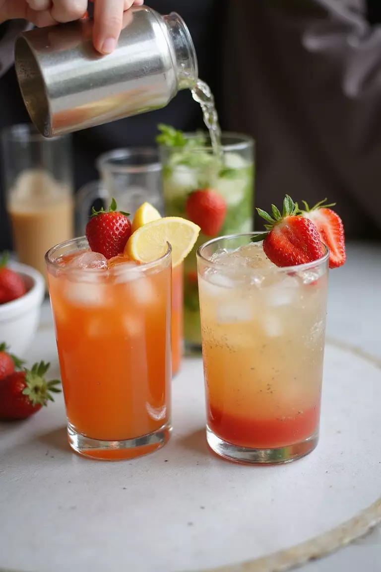Create Signature Summer Cocktails A professional photo, similar to a photo in a wedding magazine, of colorful signature cocktails like mojitos and strawberry daiquiris garnished with fruit slices being served at a wedding bar.