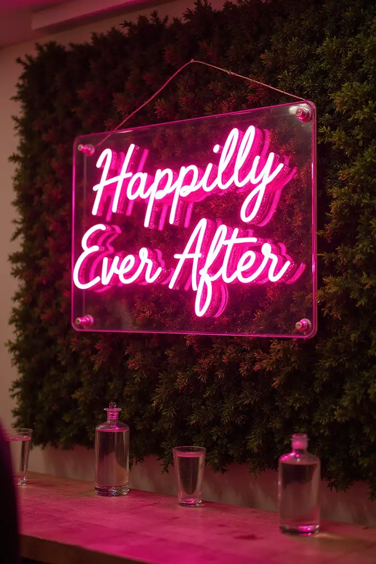 Neon Signs With Custom Sayings A professional photo, similar to a photo in a wedding magazine, of a bright pink neon sign saying