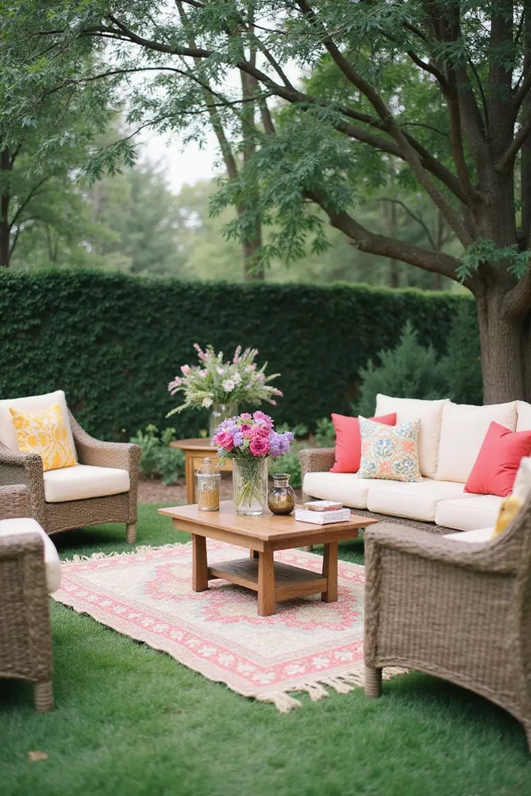 Outdoor Lounge Area A professional photo, similar to a photo in a wedding magazine, of a cozy outdoor lounge area with wicker furniture, colorful cushions, and a low coffee table set up on a lawn.
