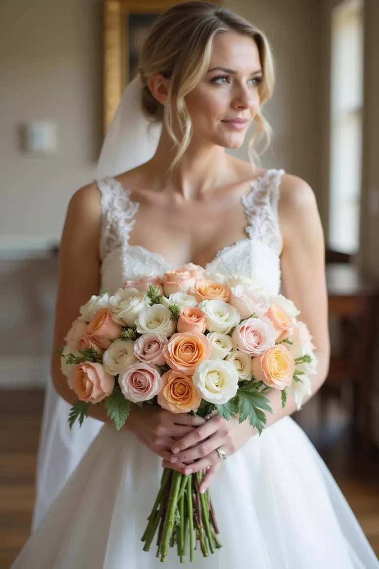 Ranunculus Romance A professional photo, similar to a photo in a wedding magazine, of a bride holding a delicate bouquet filled with tightly layered ranunculus flowers in peach, pink, and white. Elegant indoor venue background.