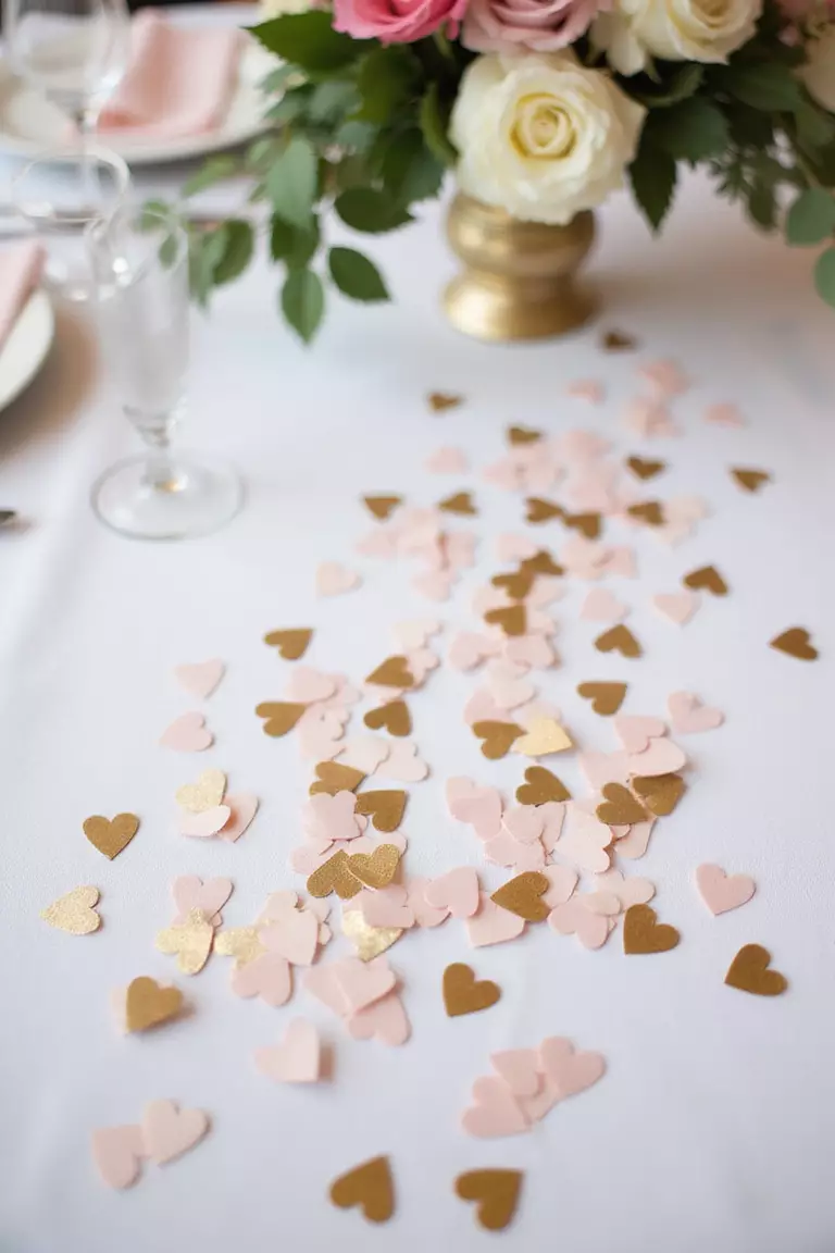 Sparkly Confetti Or Table Scatter A professional photo, similar to a photo in a wedding magazine, of gold and pink heart-shaped confetti scattered artfully across a white tablecloth near place settings and a floral centerpiece.