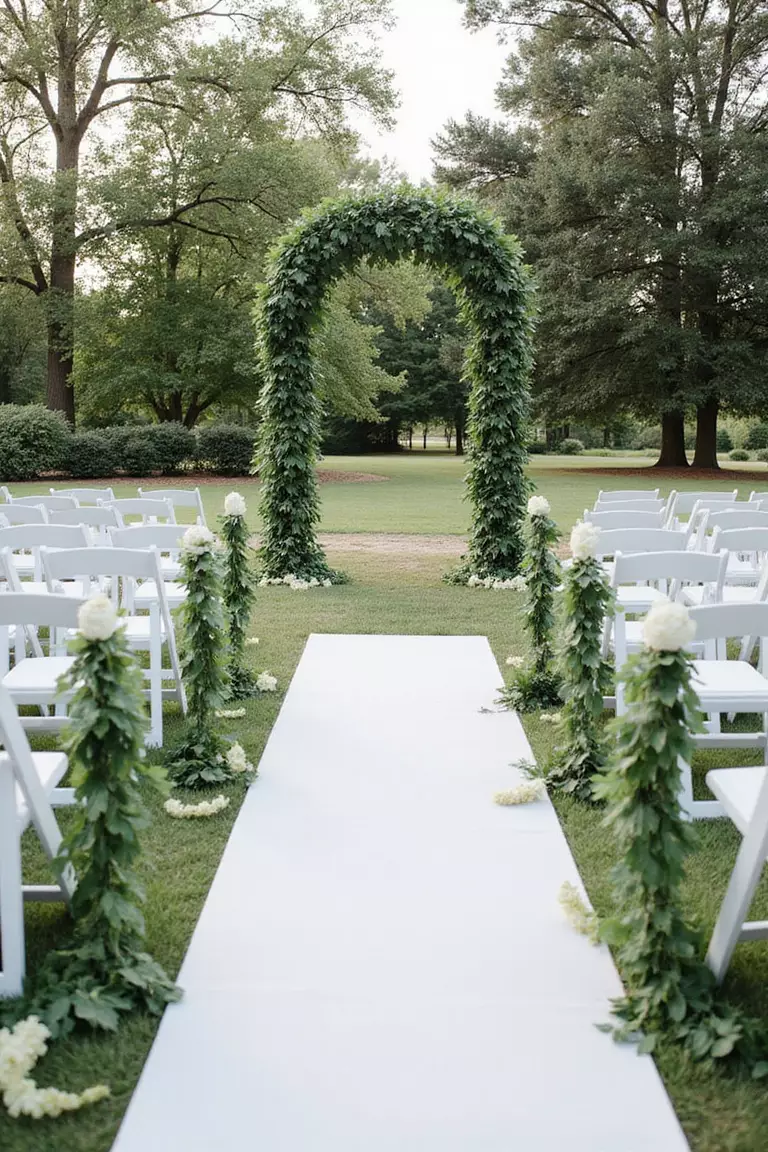 Emerald Green And Pure White A professional photo, similar to a photo in a wedding magazine, of lush emerald green foliage decorating white ceremony chairs. Crisp white aisle runner leads towards the altar.