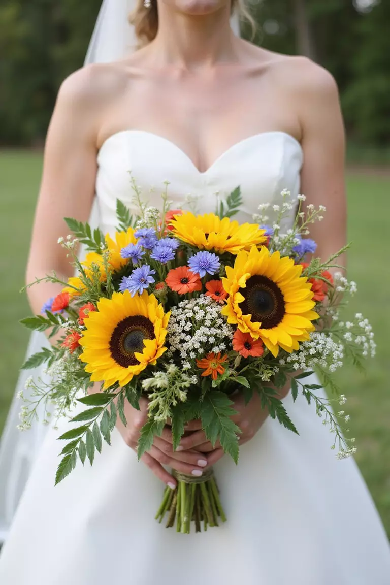 Sunflowers And Wildflowers Mix A professional photo, similar to a photo in a wedding magazine, of a bride holding a loose, hand-tied bouquet mixing sunflowers with a variety of colorful wildflowers like cornflowers, poppies, and Queen Anne's lace.