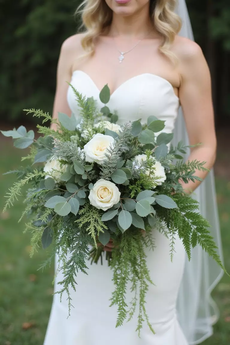 Greenery Focus A professional photo, similar to a photo in a wedding magazine, of a bride holding a lush bouquet dominated by various types of eucalyptus, ferns, and trailing ivy, with few white accent flowers.