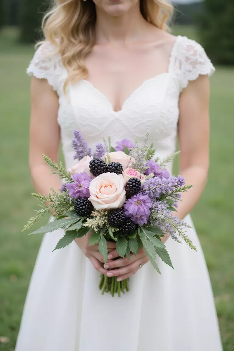 Berry Beautiful A professional photo, similar to a photo in a wedding magazine, of a bride holding a bouquet blending pastel wildflowers like lavender and pink asters with sprigs of ripening blackberries.