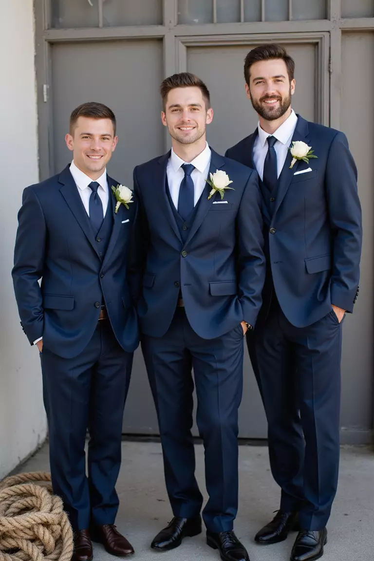 Navy Blue And Crisp White A professional photo, similar to a photo in a wedding magazine, of groomsmen wearing classic navy blue suits with crisp white boutonnieres. A nautical rope detail is visible nearby.