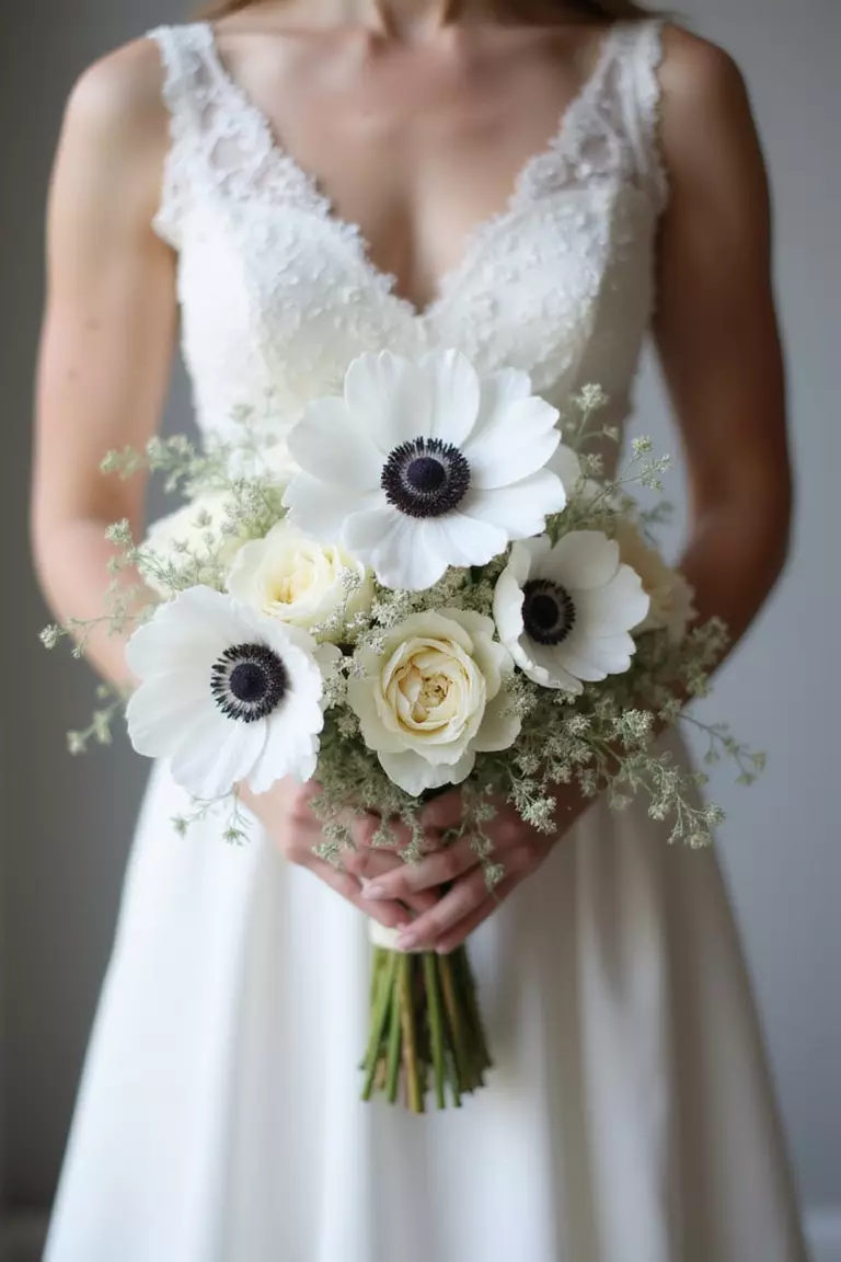 All White Textured Anemones A professional photo, similar to a photo in a wedding magazine, of a bride holding an elegant, textured bouquet composed mainly of white anemone flowers with their distinct dark centers, mixed with dusty miller.