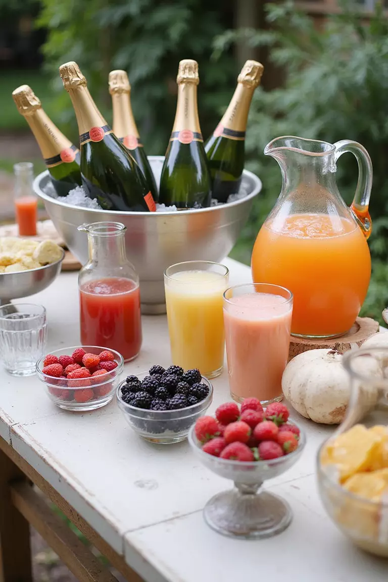 Consider A Mimosa Bar A professional photo, similar to a photo in a wedding magazine, of a stylish mimosa bar setup with champagne bottles chilling on ice, carafes of different fruit juices, and bowls of fresh berries.