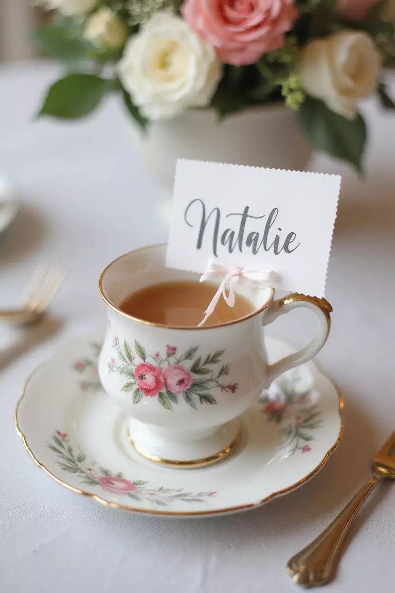 Add Place Cards A professional photo, similar to a photo in a wedding magazine, of handwritten place card "Natalie" tied with ribbon to the handle of a vintage teacup.